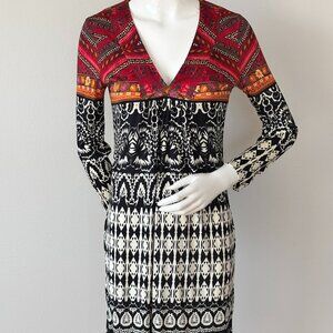 Etro Silk Boho Dress | Ethnic Print V Neck Long Sleeve Designer IT 40